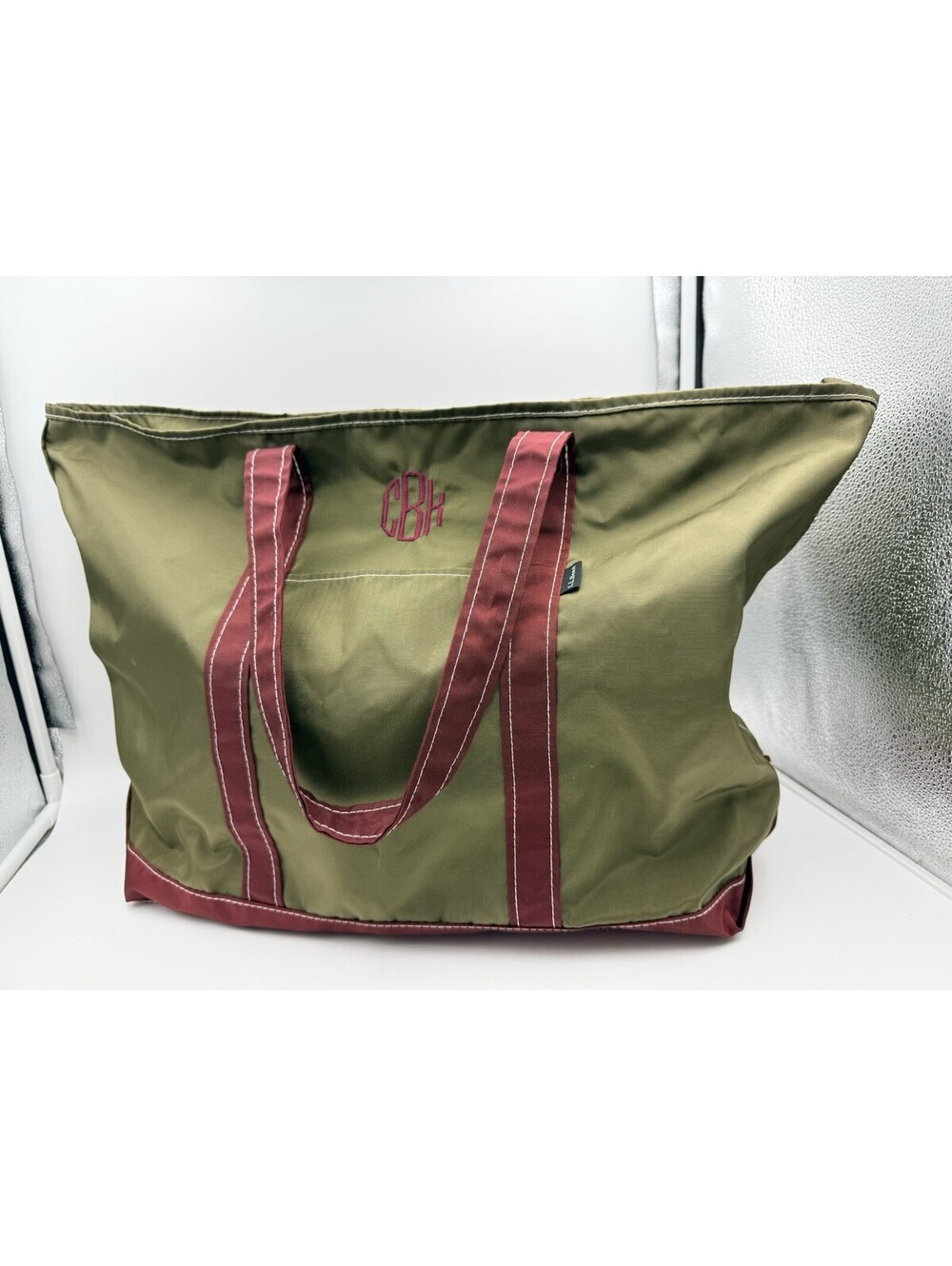 Vintage LL Bean Boat Tote Bag USA Zip Nylon 90s Burgundy Green Embroidered XL